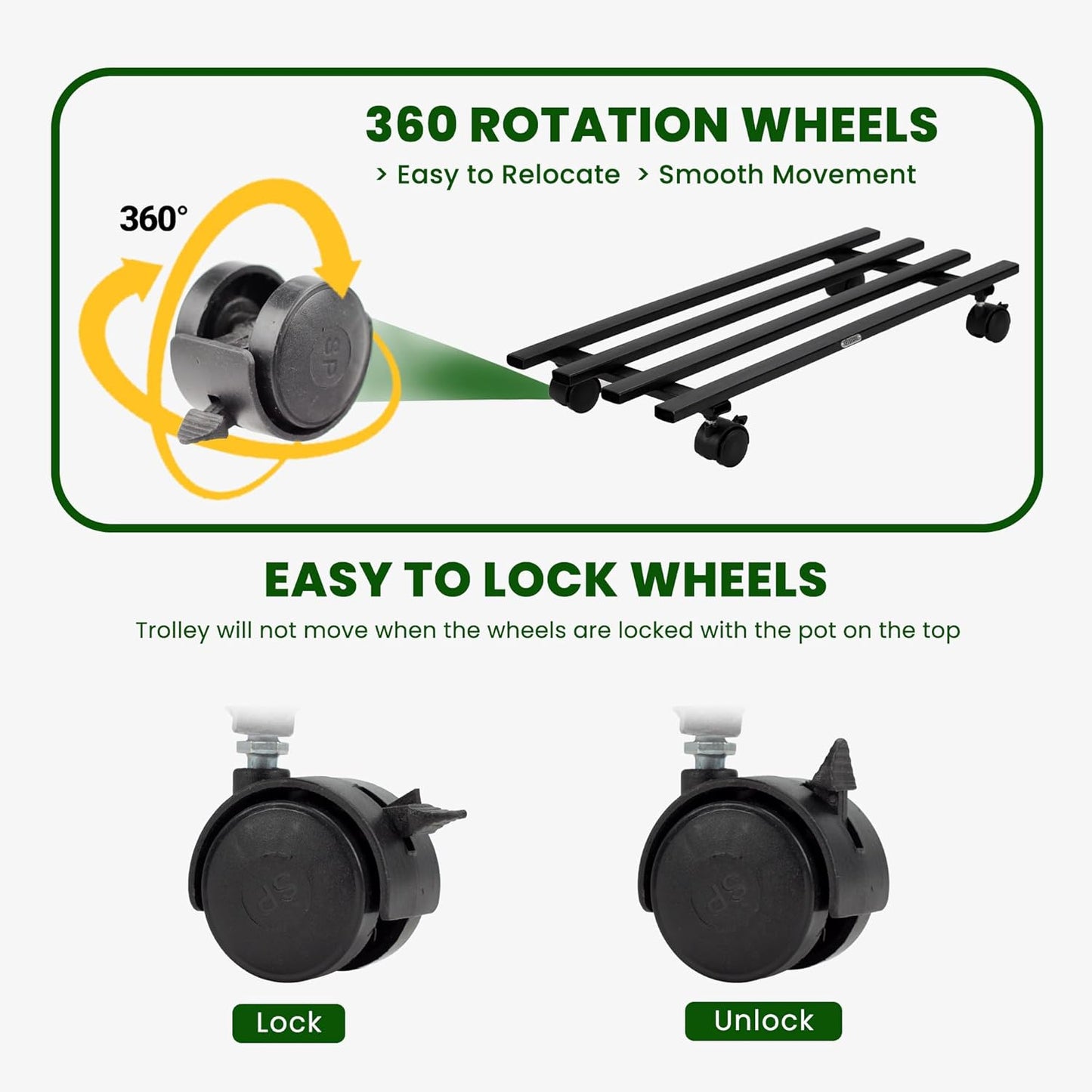 Indigrow Hortitech Heavy Duty Plant Stand with Wheels | Wheel Pot Trolley for Balcony, Indoor & Outdoor | Rust-Proof Metal Gamla Stand (Black) Rectangular Caddy Pack of 4