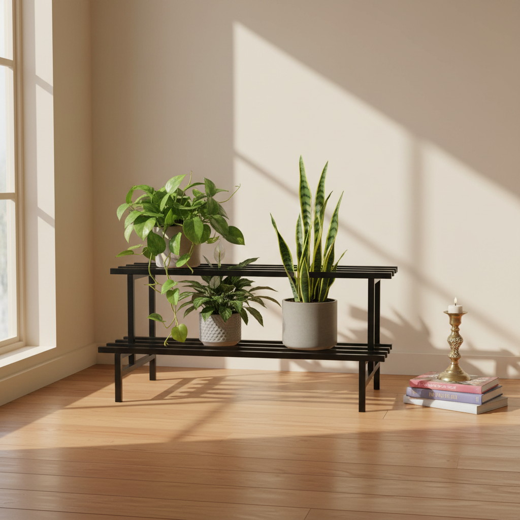 Indigrow Hortitech | 2-Tier Square Tube Plant Stand | Heavy Duty Iron Pot Stand for Balcony, Home Decor, Indoor and Outdoor Use (Black)