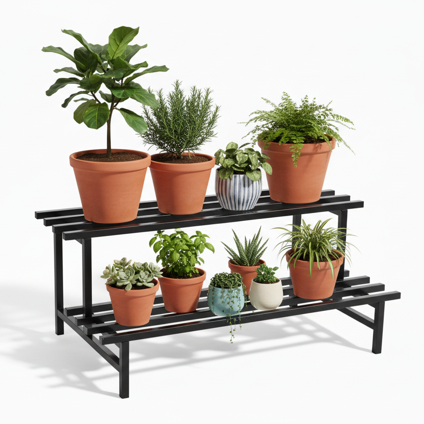 Indigrow Hortitech | 2-Tier Square Tube Plant Stand | Heavy Duty Iron Pot Stand for Balcony, Home Decor, Indoor and Outdoor Use (Black)