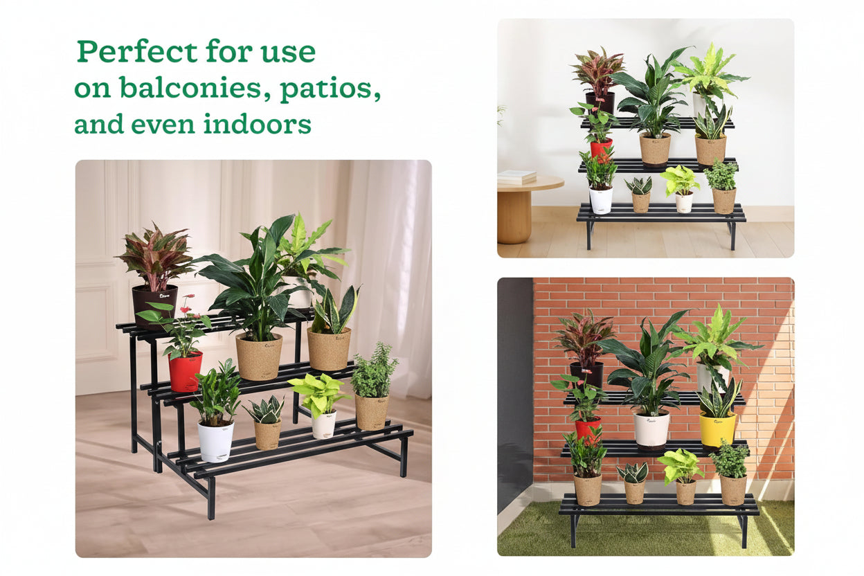 Indigrow Heavy Duty  3-Tier Square Tube Plant Stand  | Heavy Duty Iron Pot Stand for Balcony, Home Decor, Indoor and Outdoor Use