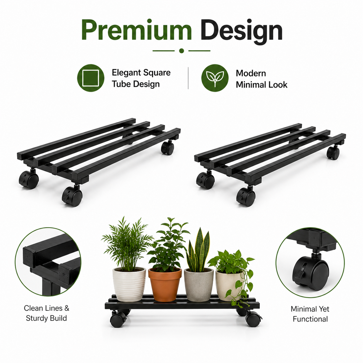 Indigrow Heavy Duty Plant Stand with Wheels | Wheel Pot Trolley for Balcony, Indoor & Outdoor | Rust-Proof Metal Stand (Black) Rectangular Caddy