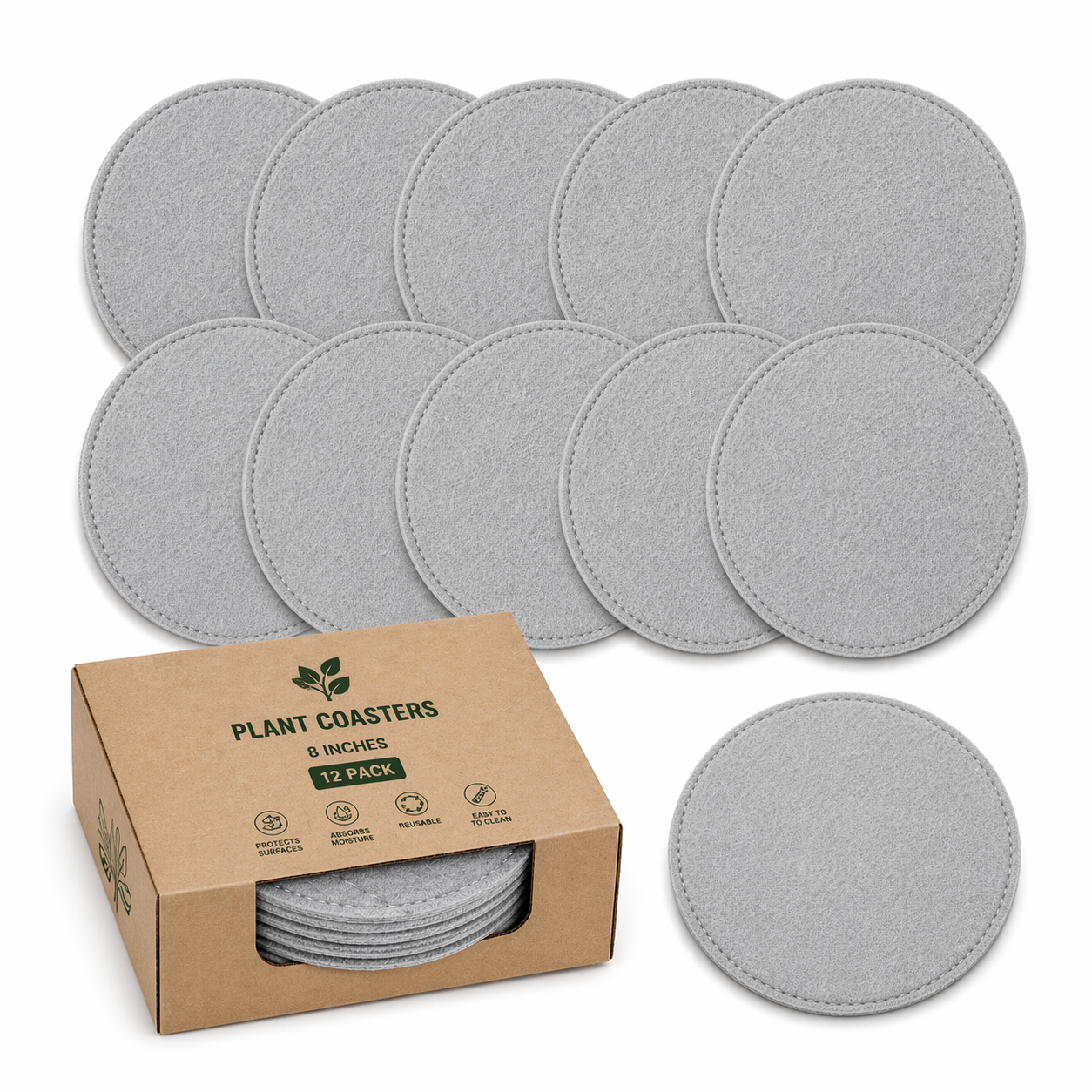 Indigrow Plant Coasters for Pots | Absorbent Fabric Mats with Waterproof Backing | Fast Drying | Protects Floors & Surfaces | Indoor & Outdoor Use | 8 Inches | Pack of 12
