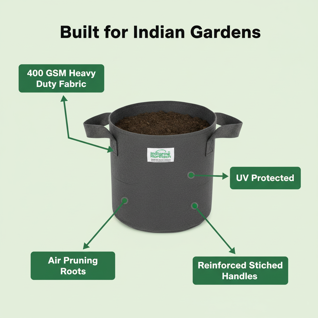 Indigrow Superior Geo Fabric Grow Bag 12x12 Inch | 400 GSM Heavy Duty | UV Protected | Air Pruning Breathable Fabric Pot with Handles | For Tomatoes, Brinjal, Chillies & Kitchen Garden