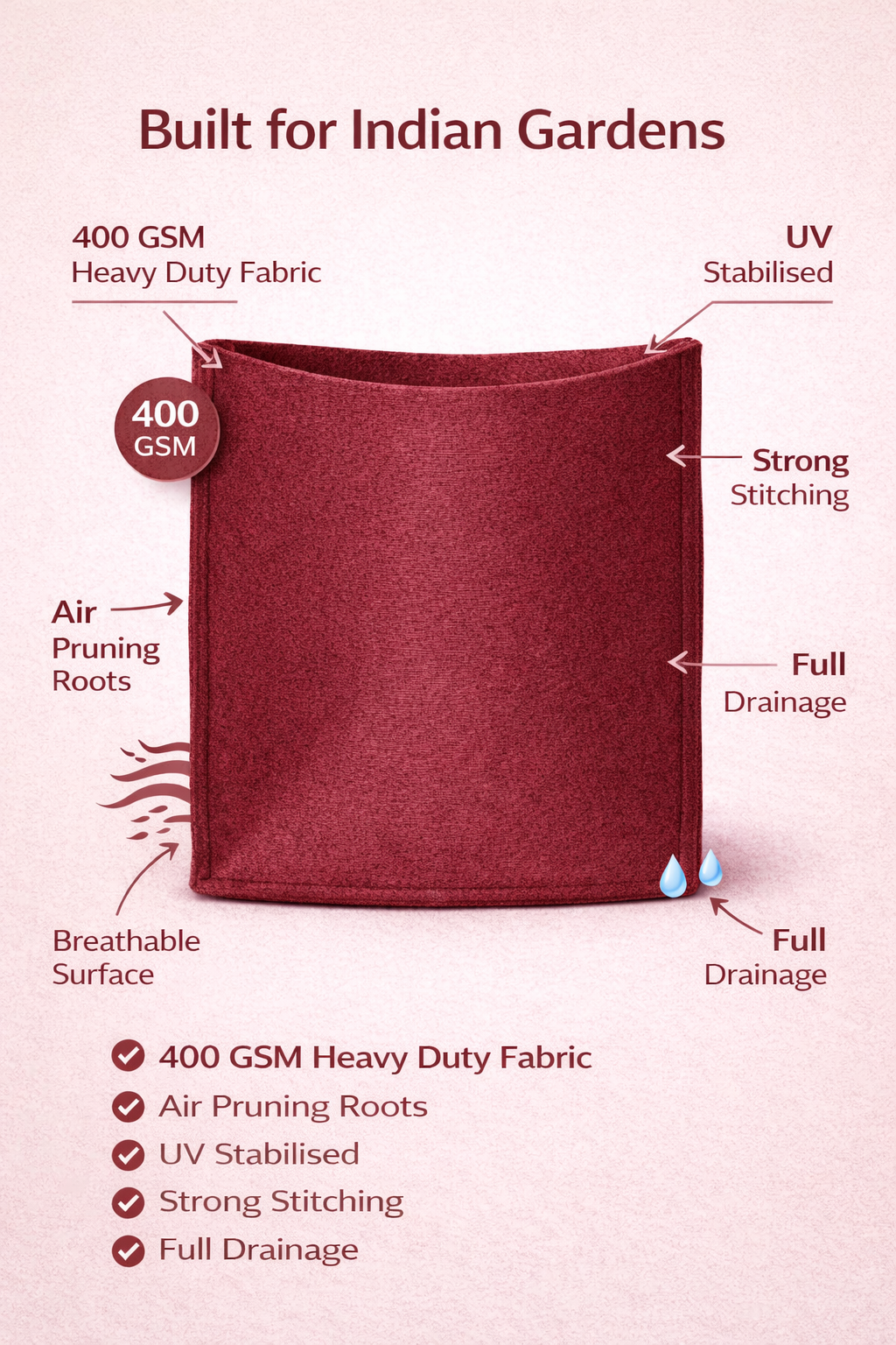 Indigrow Hortitech 12x12 Inch Square Non-Woven Geo Fabric Grow Bag | 400SM Heavy Duty | UV Stabilised | Air Pruning Breathable Fabric Pot