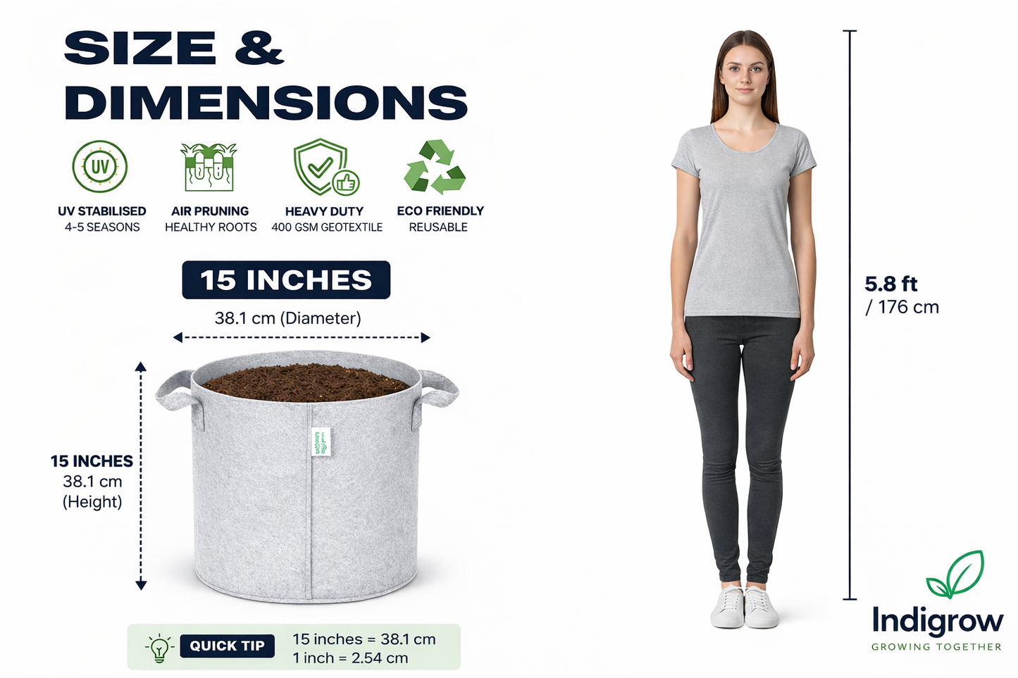 Indigrow Superior Geo Fabric Grow Bag 15x15 Inch | 400 GSM Heavy Duty | UV Protected | Large Breathable Fabric Pot with Handles | For Brinjal, Capsicum, Bottle Gourd, Climbing Vegetables & Fruit Plants