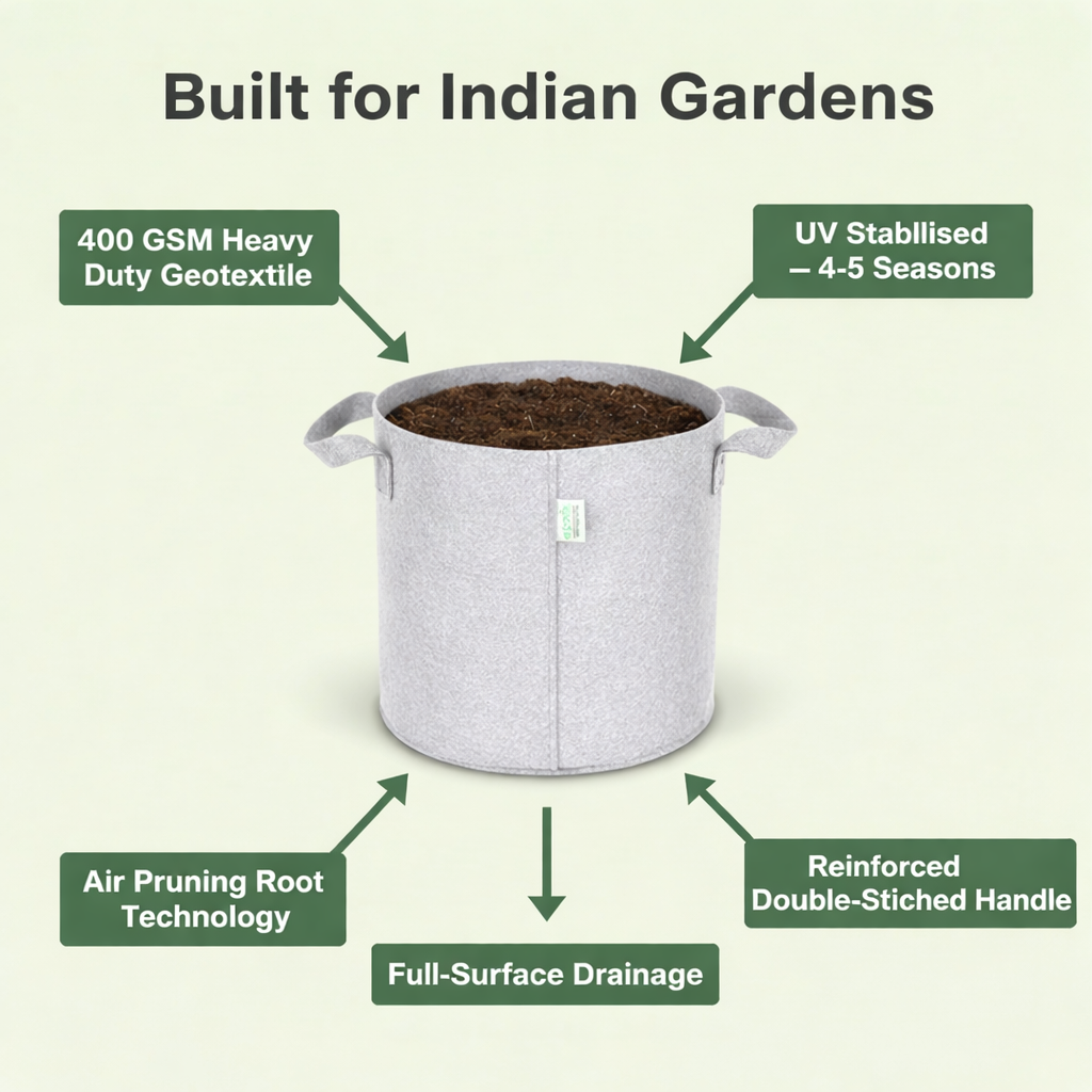 Indigrow Superior Geo Fabric Grow Bag 15x15 Inch | 400 GSM Heavy Duty | UV Protected | Large Breathable Fabric Pot with Handles | For Brinjal, Capsicum, Bottle Gourd, Climbing Vegetables & Fruit Plants