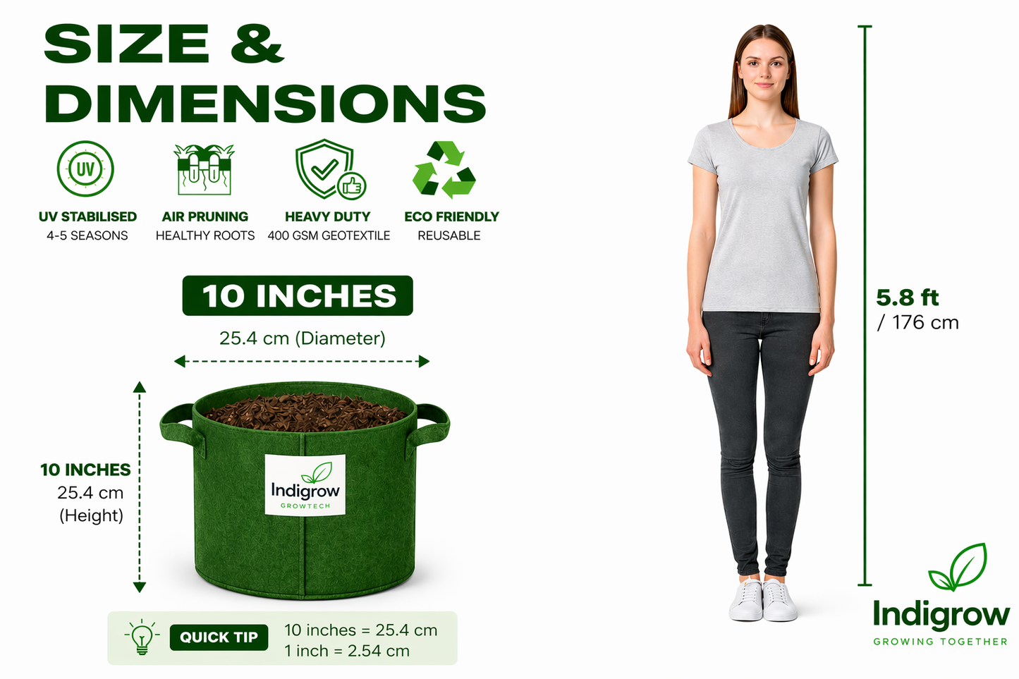 Indigrow Superior Geo Fabric Grow Bag 10x10 Inch | 400 GSM Heavy Duty | UV Protected | Air Pruning Breathable Fabric Pot with Handles | For Tomatoes,Vegetables & Kitchen Garden