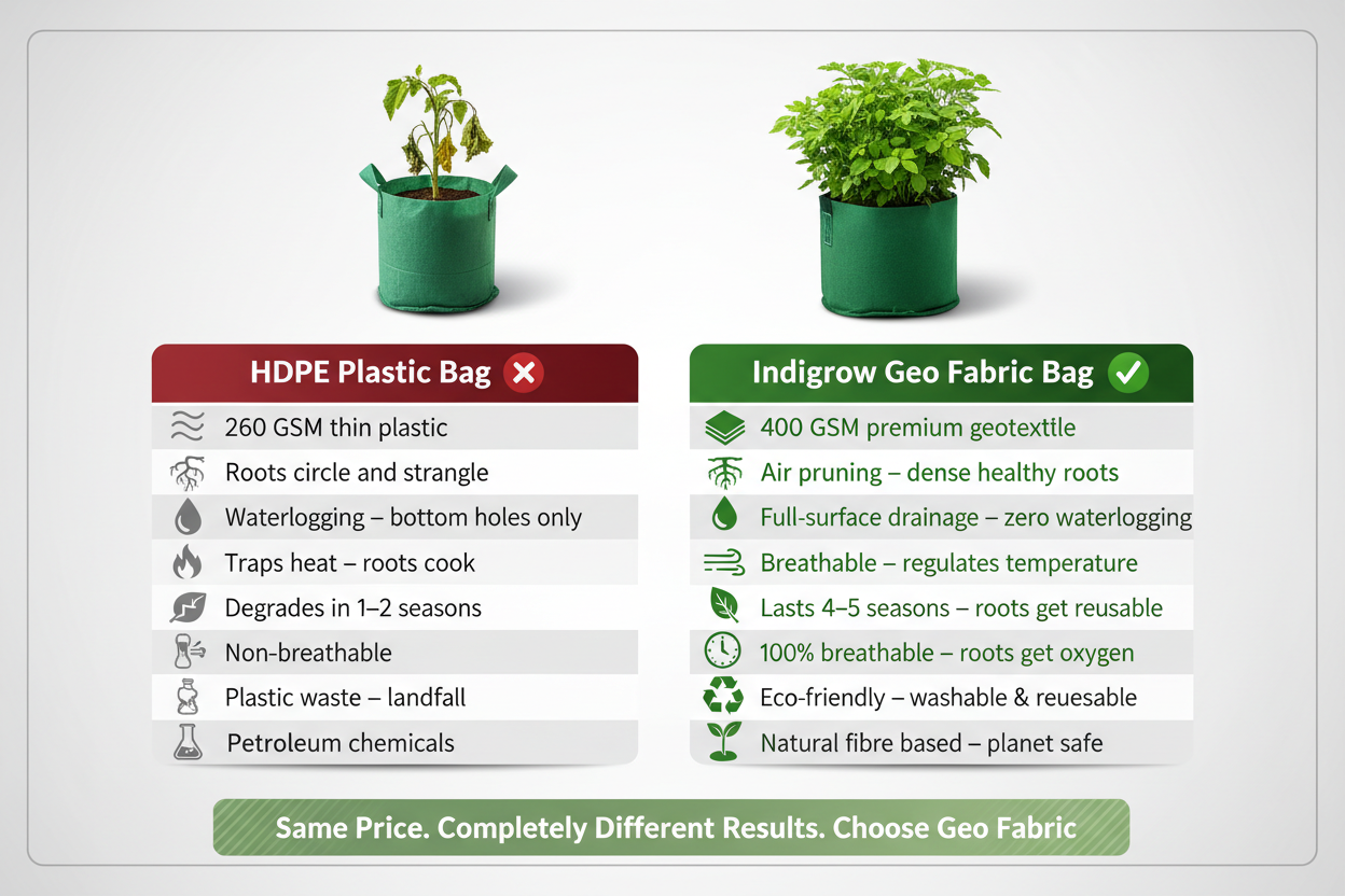 Indigrow Superior Geo Fabric Grow Bag 15x15 Inch | 400 GSM Heavy Duty | UV Protected | Large Fabric Pot with Handles | For Fruit Trees, Banana, Papaya & Kitchen Garden (Green)