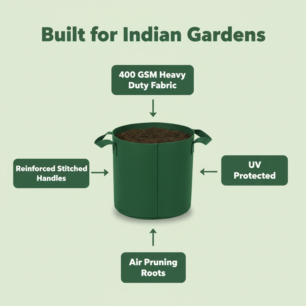 Indigrow Superior Geo Fabric Grow Bag 15x15 Inch | 400 GSM Heavy Duty | UV Protected | Large Fabric Pot with Handles | For Fruit Trees, Banana, Papaya & Kitchen Garden (Green)