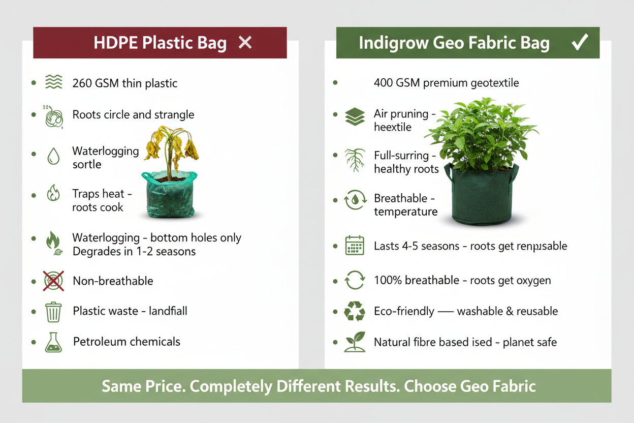 Indigrow Superior Geo Fabric Grow Bag 15x15 Inch | 400 GSM Heavy Duty | UV Protected | Large Fabric Pot with Handles | For Fruit Trees, Banana, Papaya & Kitchen Garden (Green)