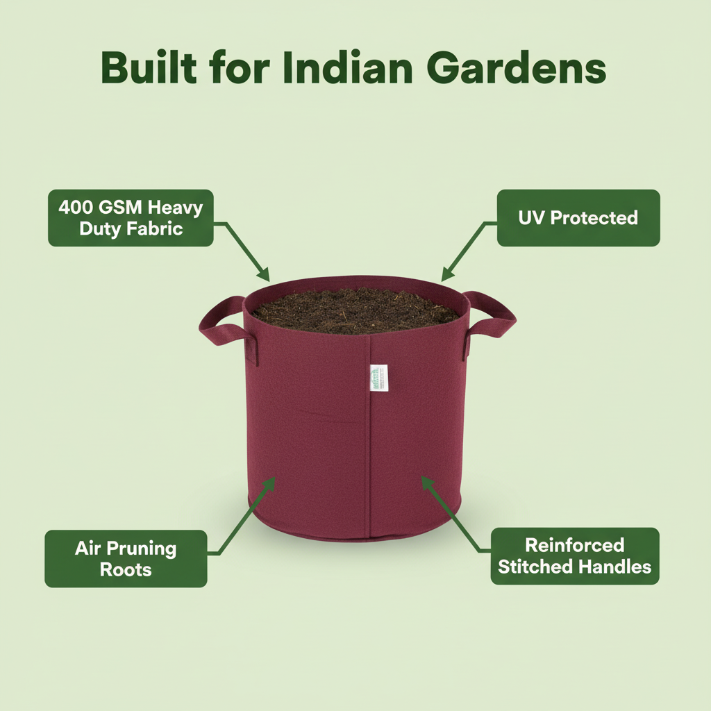Indigrow Superior Geo Fabric Grow Bag 12x12 Inch | 400 GSM Heavy Duty | UV Protected | Air Pruning Breathable Fabric Pot with Handles | For Tomatoes, Brinjal, Chillies & Kitchen Garden