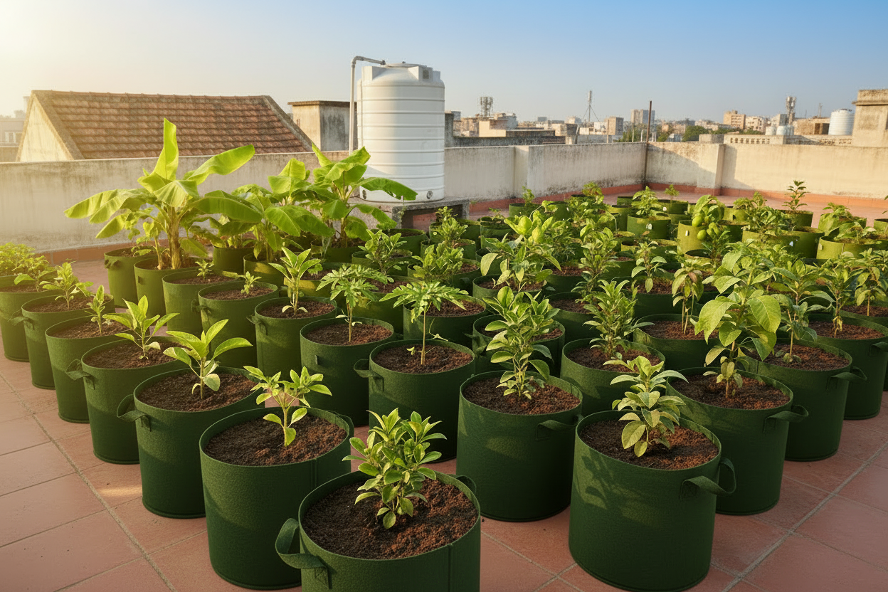 Indigrow Superior Geo Fabric Grow Bag 15x15 Inch | 400 GSM Heavy Duty | UV Protected | Large Fabric Pot with Handles | For Fruit Trees, Banana, Papaya & Kitchen Garden (Green)