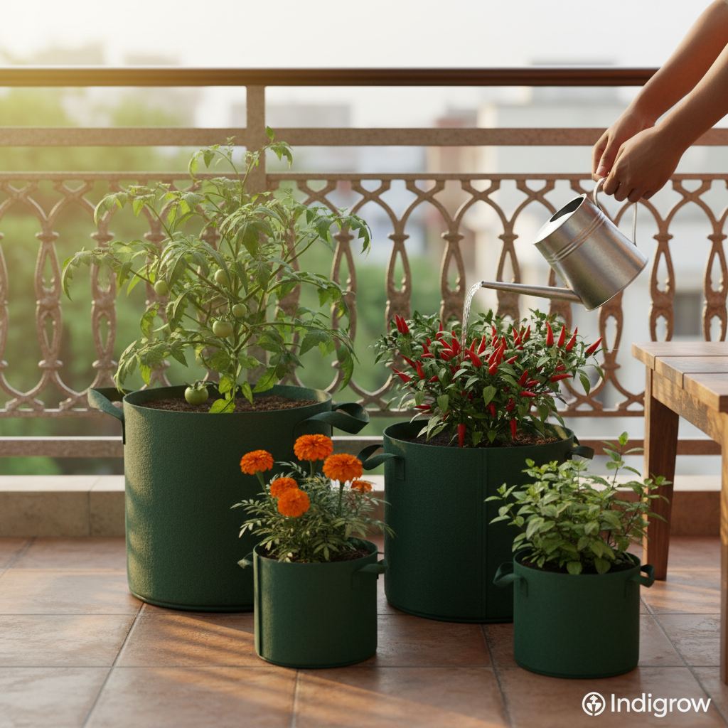 Indigrow Superior Geo Fabric Grow Bag 15x15 Inch | 400 GSM Heavy Duty | UV Protected | Large Fabric Pot with Handles | For Fruit Trees, Banana, Papaya & Kitchen Garden (Green)