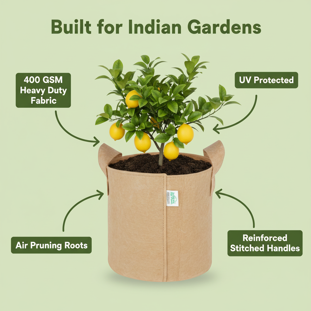 Indigrow Superior Geo Fabric Grow Bag 9x9 Inch | 400 GSM Heavy Duty | UV Protected | Air Pruning Breathable Fabric Pot with Handles | For Chilli, Spinach, Herbs & Kitchen Garden Plants