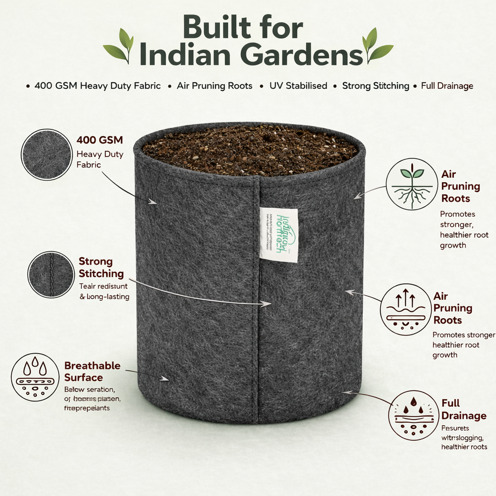 Indigrow Superior Geo Fabric Grow Bag 6x6 Inch | 400 GSM Heavy Duty | UV Protected | Air Pruning Breathable Fabric Pot with Handles | For Herbs, Coriander, Mint & Small Plants
