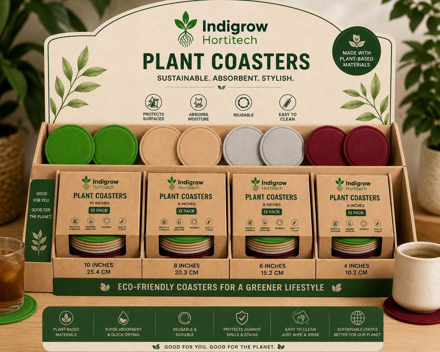 Indigrow Plant Coasters for Pots | Absorbent Fabric Mats with Waterproof Backing | Fast Drying | Protects Floors & Surfaces | Indoor & Outdoor Use | 4 Inches | Pack of 12