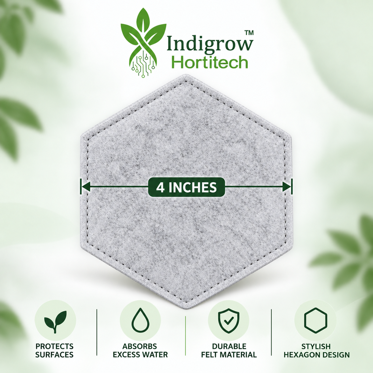 Indigrow Hortitech 4 inch hexagon plant coaster size infographic