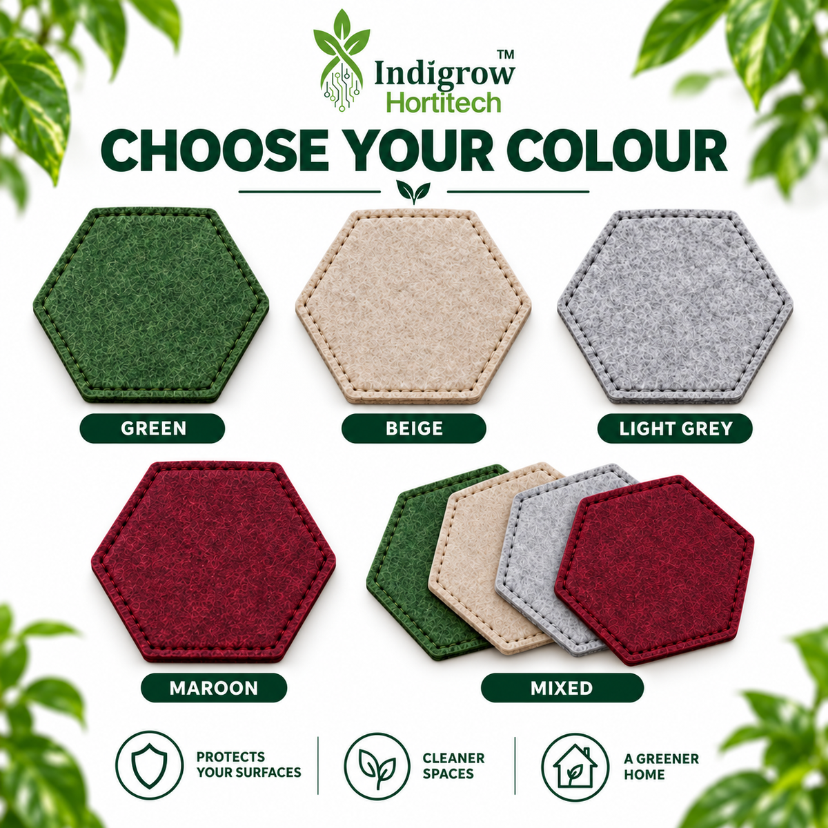 Indigrow hexagon coaster colors green beige light grey maroon and mixed