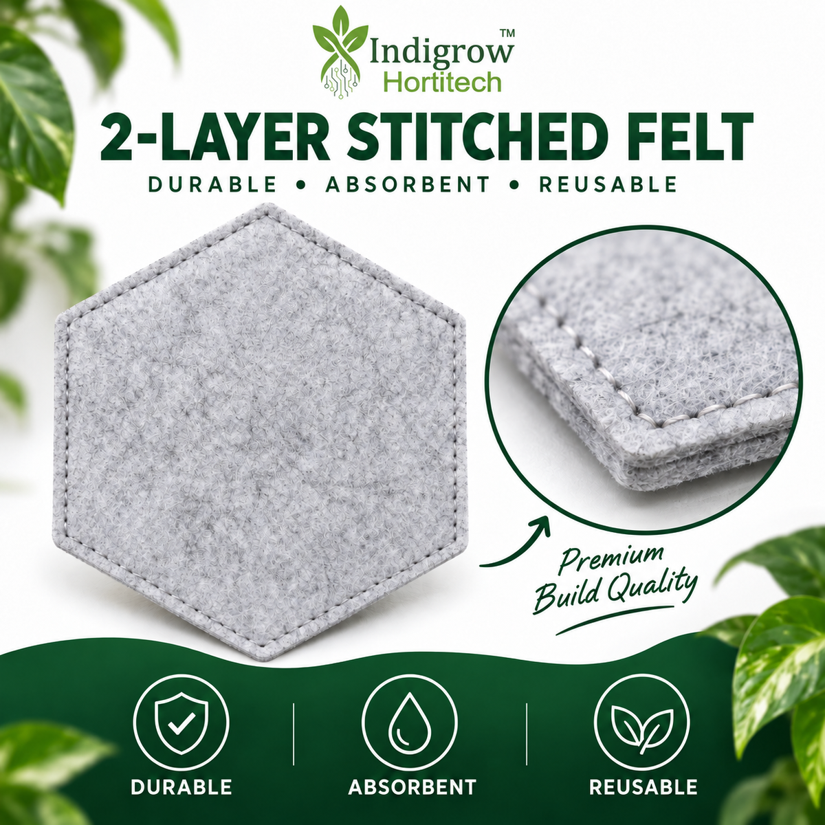 Two-layer stitched felt construction of Indigrow hexagon plant coaster