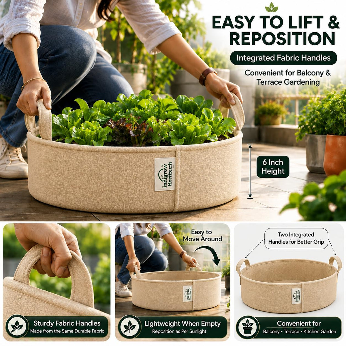 Beige low-profile grow bag use guide