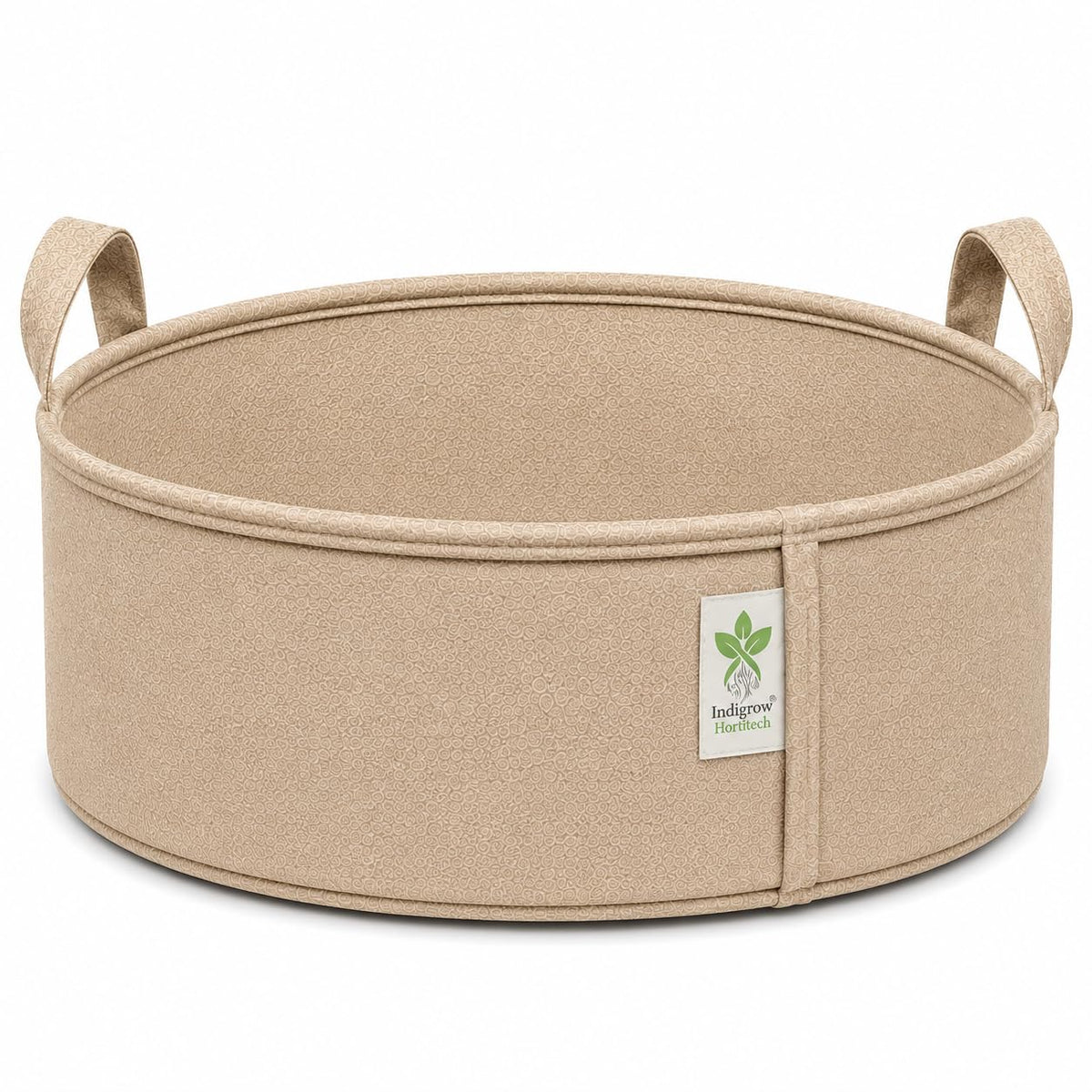 Beige low-profile grow bag on white background
