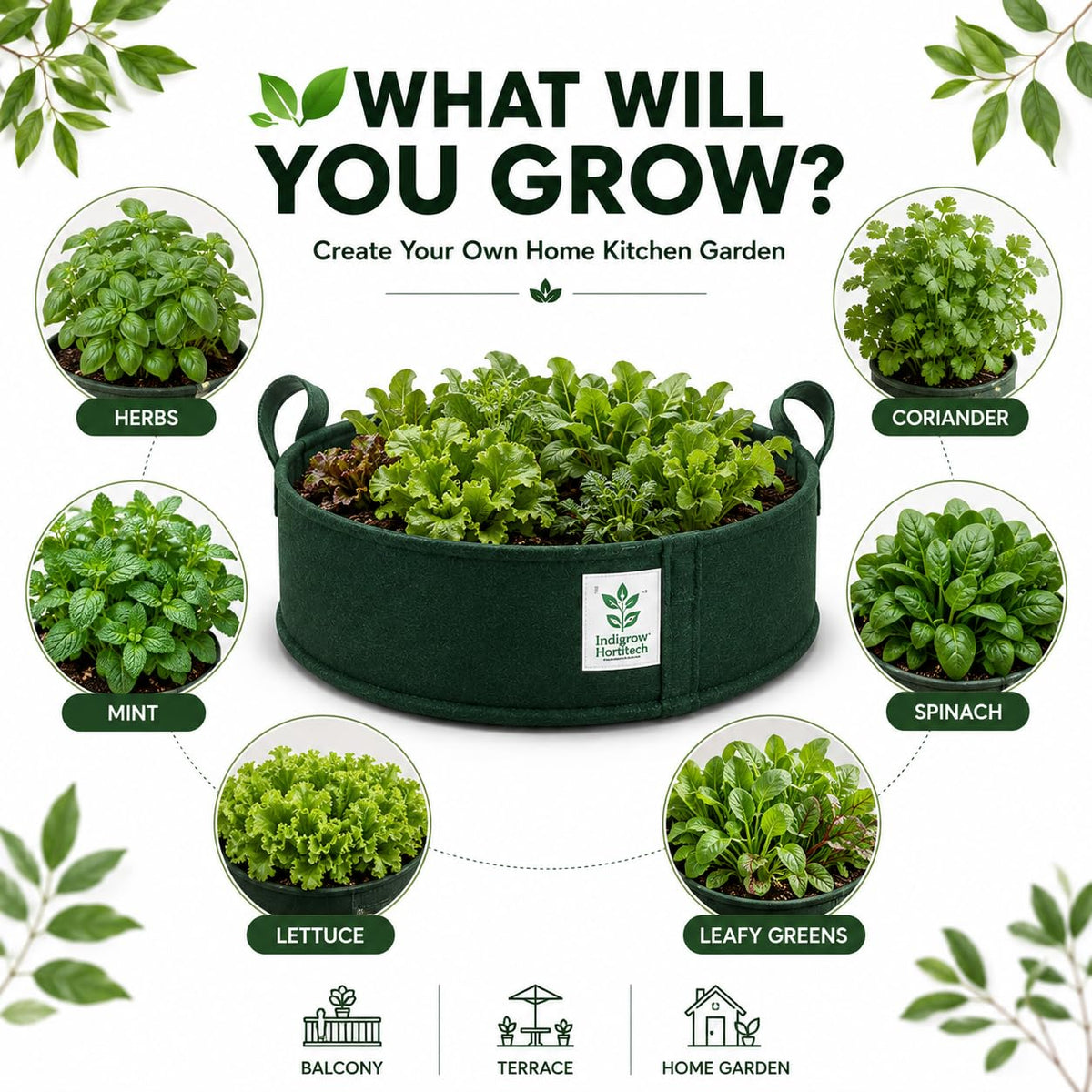 Green fabric grow bag construction