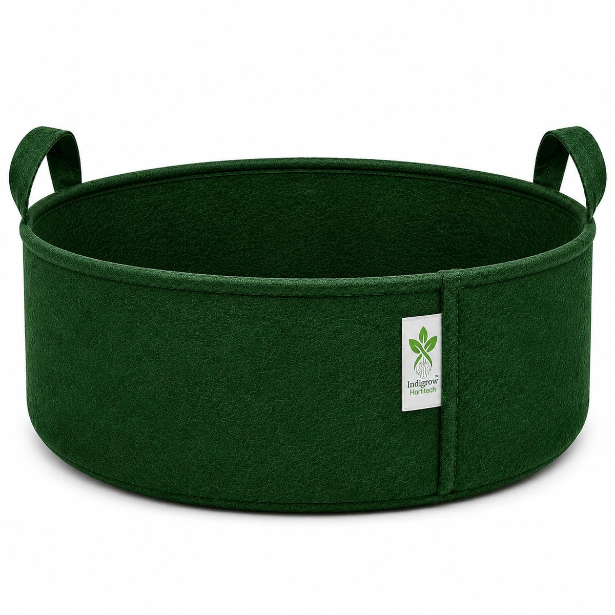 Green low-profile grow bag on white background