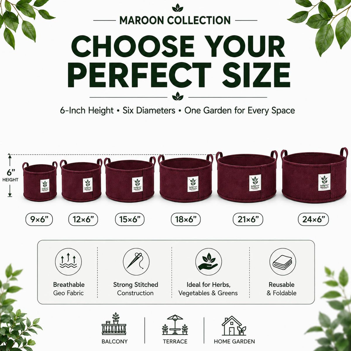 Maroon low-profile grow bag lifestyle
